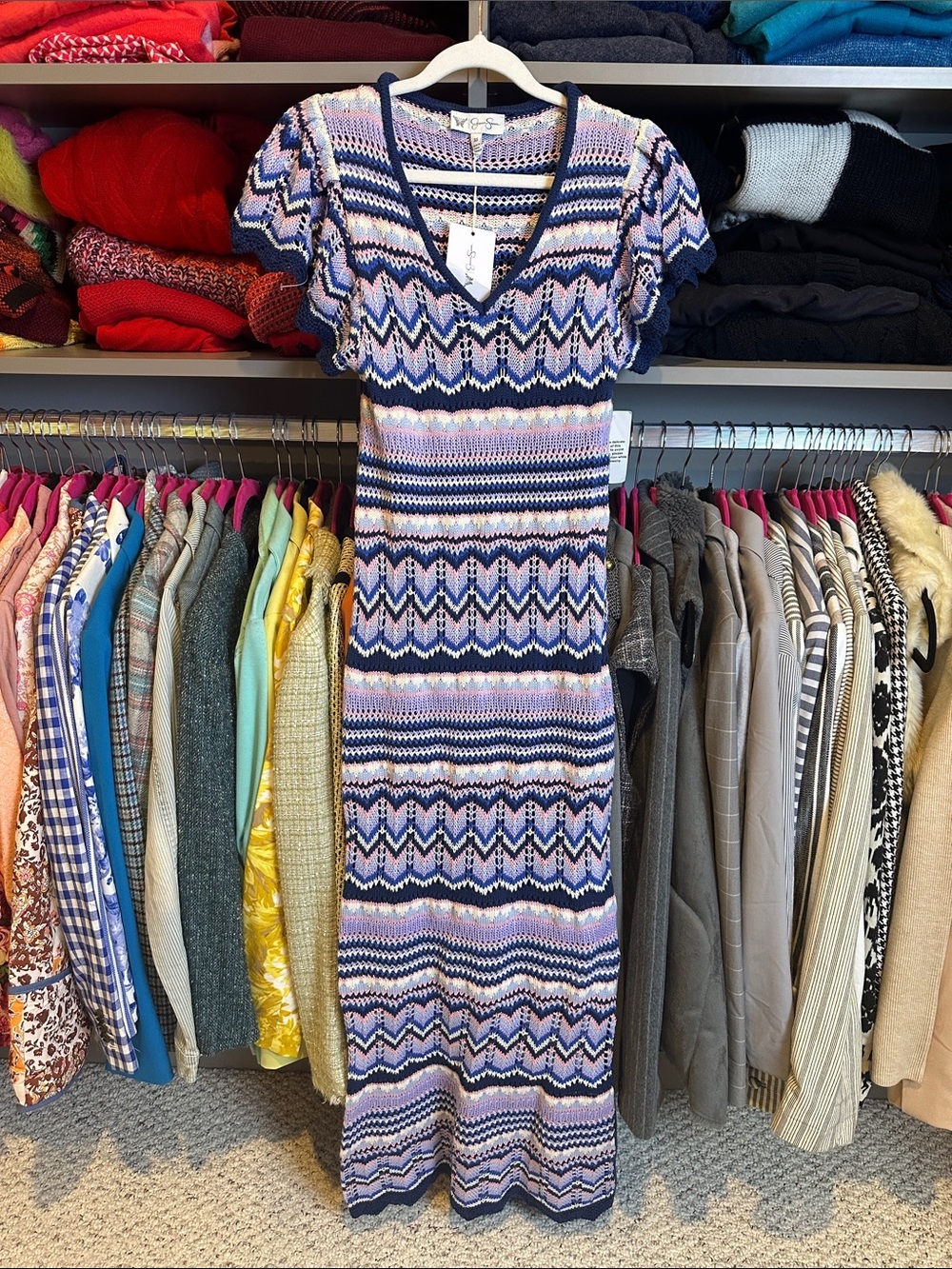 Jessica Simpson navy/purple lined side slit open knit maxi dress size XS NWT